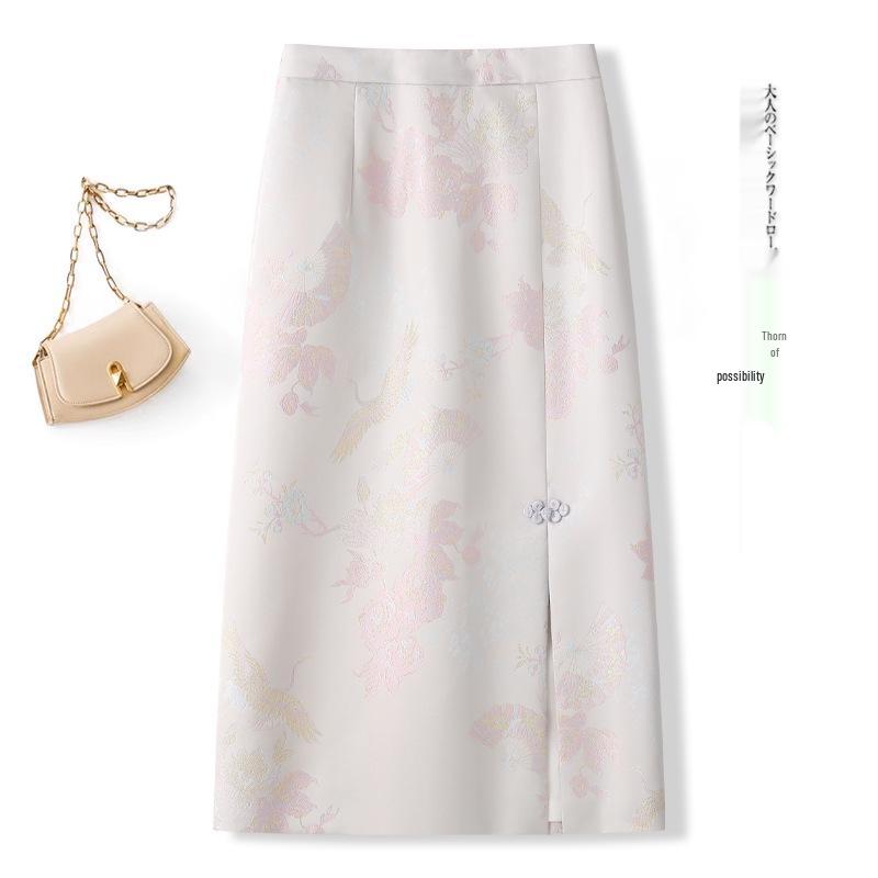 2026 New Chinese Style Embroidered Slit Midi Skirt for Women - Slimming, Hip-Hugging, Ideal for Spring and Autumn
