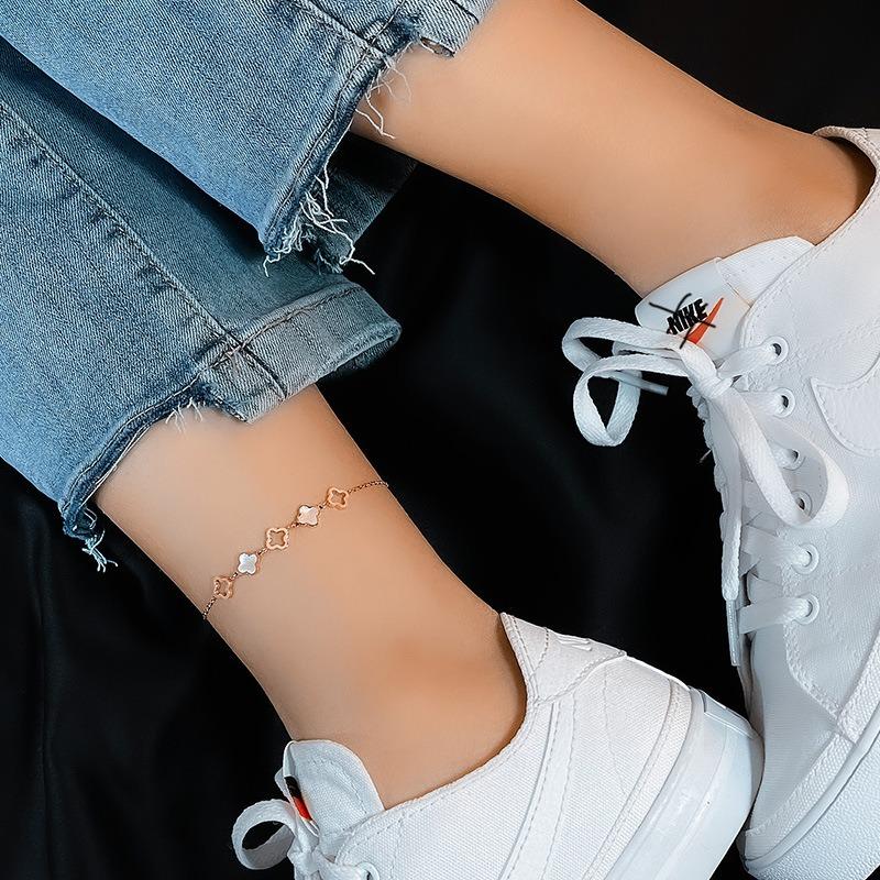 Gold Plated Stainless Steel Mother of Pearl Clover Charm Anklet