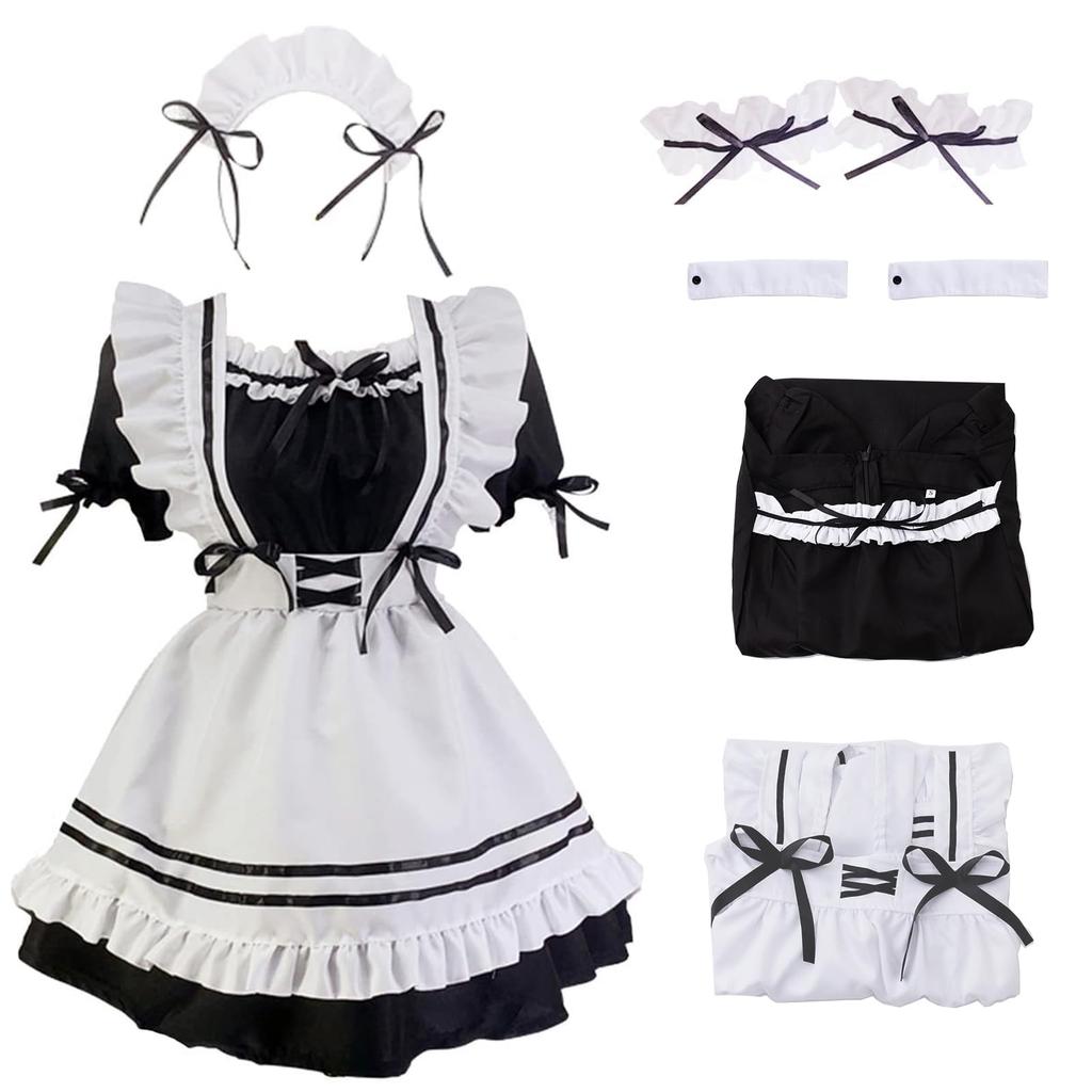 Asminlee Maid Cute and Gakuen Alice Cute Maid Plus Size Fancy Top and Bottom Unisex Costume, Popular, Long, Black, Costume, Beginner's Set, Outfit,