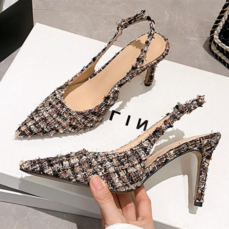 New Designer Costume Tweed High Heels Women Sexy Pointed Toe Back Strap Heeled Sandals Summer Elegant Party Wedding Women Pumps