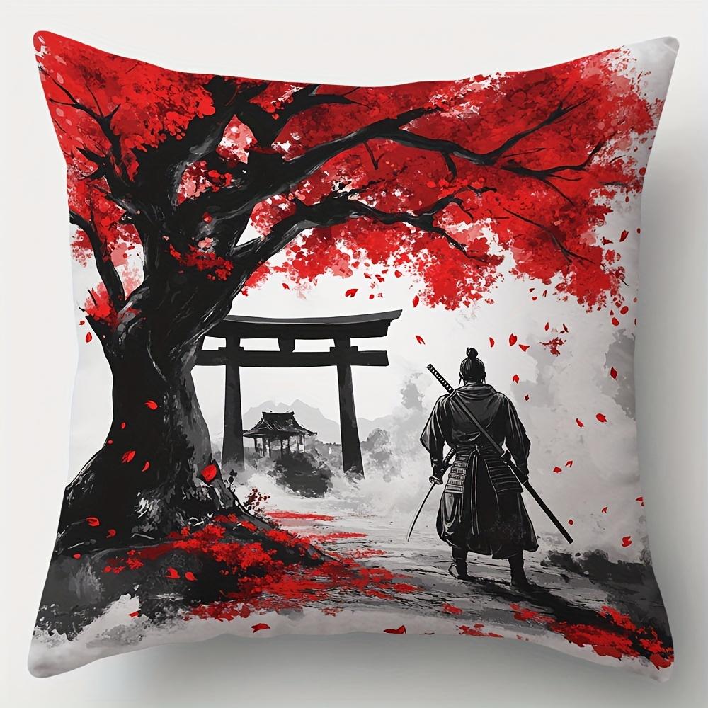 4-teiliges bedrucktes Kissenbezug-Set – Thema Japanische Kultur (Samurai, Kirschblüten, Berg. Fuji & Torii-Tor)