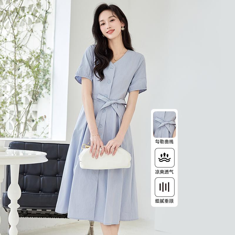Summer new French style high-end V-neck with visible thread design, tie up, waist cinching, slimming effect, slit, lightweight and cool dress