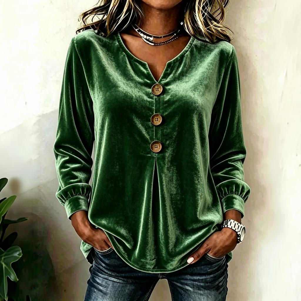 Blouse Haut Top Velours Élégant à Boutons sur le Devant et Manches Longues pour Femme