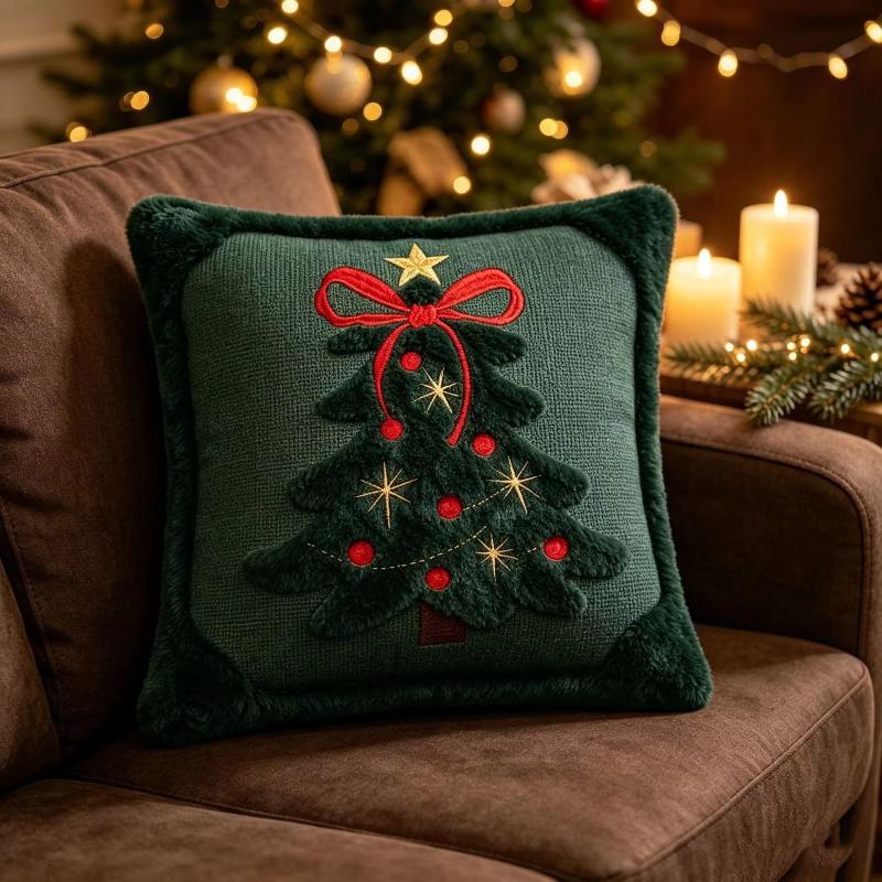 3D Christmas Tree Throw Pillow Covers Faux Plush Embroidered Xmas Tree Pattern Cushion Covers For Sofa Couch Home Decor