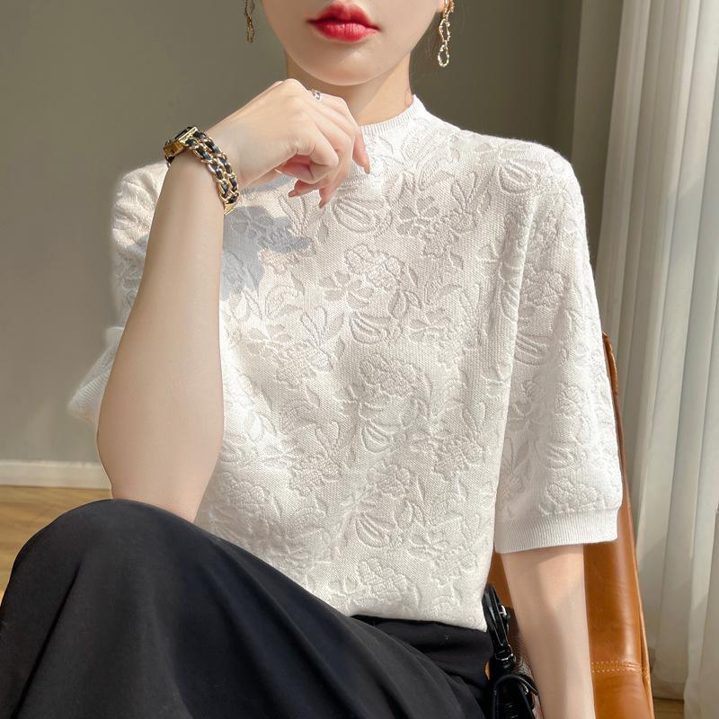 

Жіночий топ із напіввисоким коміром і короткими рукавами з жаккардового шовку в корейському стилі