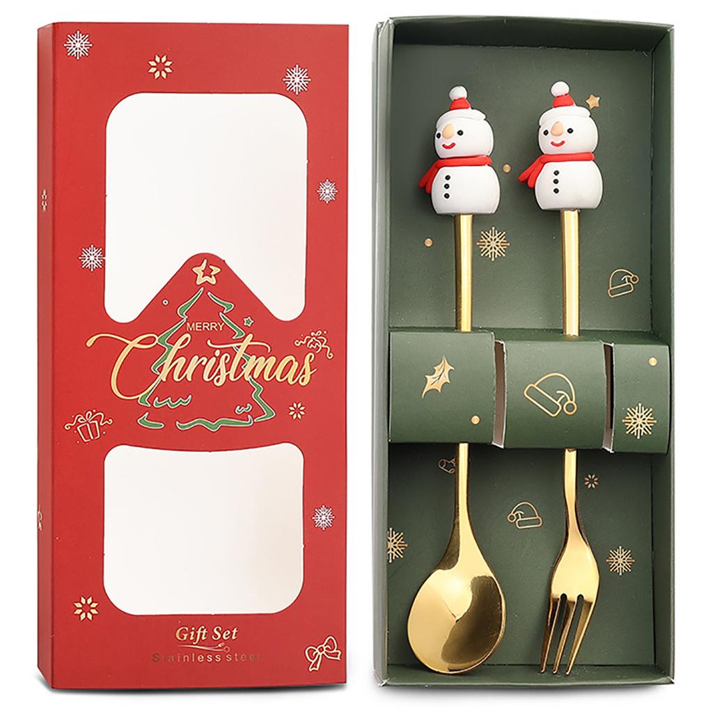 2Pcs Christmas Theme Dinnerware Set with Gift Box Elk Deer Christmas Hat Tree Fork Spoon Cutlery Set Stainless Steel Tableware