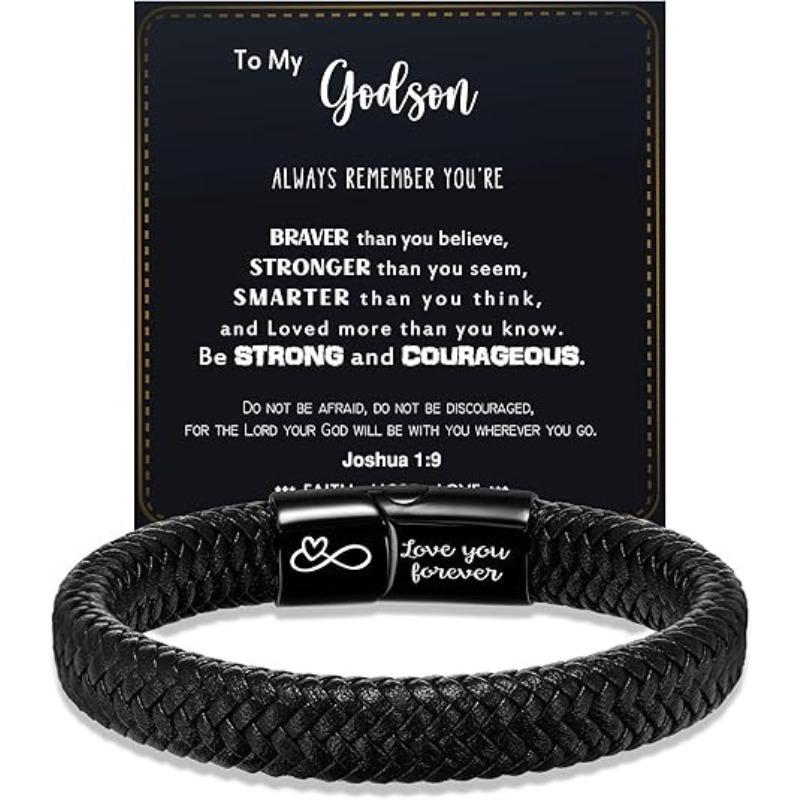 Magnetic Stainless Steel Leather Bracelet, Hand-woven for Men, with Personal Message Engraved on It