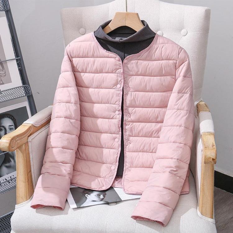 Leichte Daunen-Baumwolljacke für Damen Herbst Winter Vielseitig zum Layering Kurz Rund V-Ausschnitt