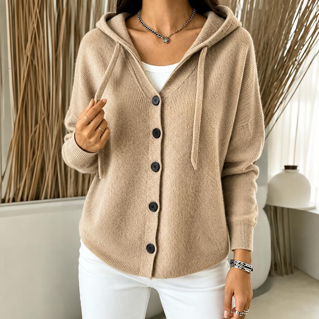 Women's Hooded Knit Cardigan Color Casual Sweater for Everyday Wear