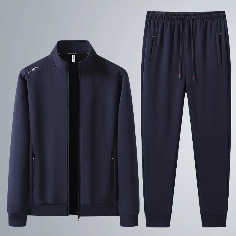 Tuta Sportiva da Uomo in Cotone Primavera Autunno Collo Alto Felpa Mezza Età Anziani Casual Elegante Cardigan Vestibilità Larga 2 Pezzi