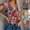 Elegant Womens Summer V Neck Short Sleeve T Shirt Featuring Vibrant Floral Print Design