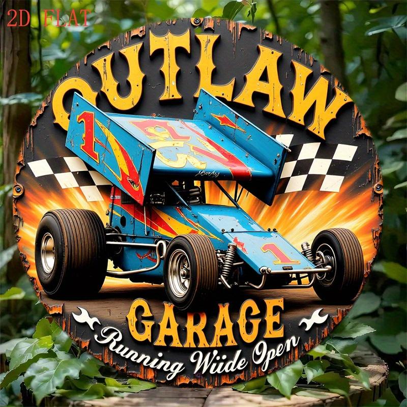 D Flat Inch Circular Aluminum Wall Sign  Single Piece Outlaw Garage Featuring Racing Flames And Checkered Flags Design 20x20cm(8x8inch)
