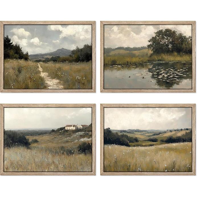 Gatheroad Landscape Art 8x10 Inch, Set of 4 Unframed Country Wall Art, Vintage Farmhouse Prints and Nature Wall Art for Living Room & Bedroom