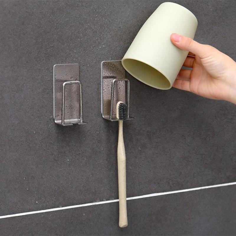Stainless Steel Self-Adhesive Wall Mount Toothbrush Holder Toothpaste Organizer Mouthwash Cup Stand Bathroom Accessories