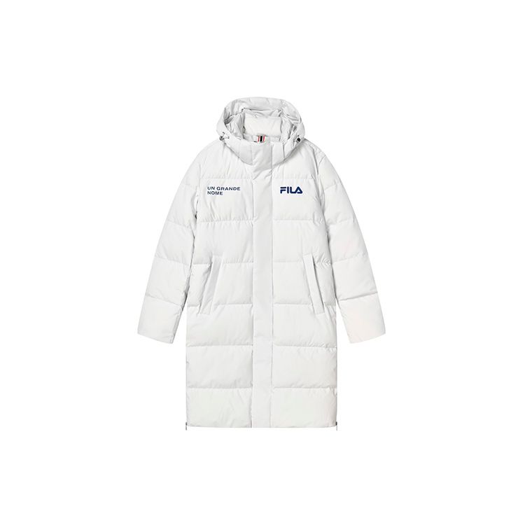 Fila Letter Logo Printed Hooded Zipper Windproof Warm Long Down Jacket Men Outerwear Cold-Stone-White F11M249921FWT