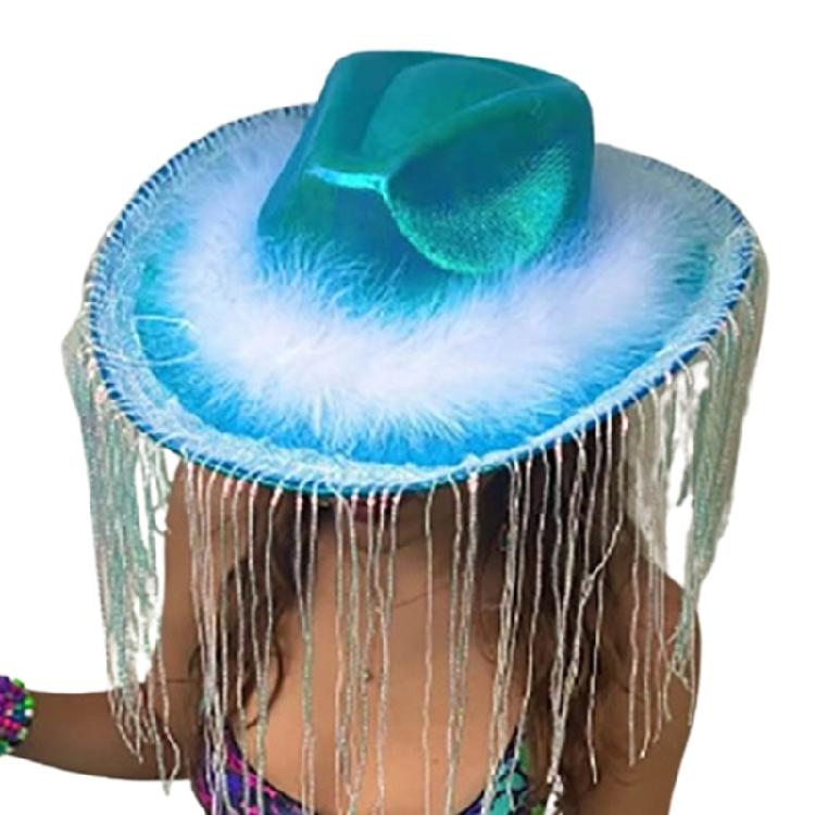

Womens Cowboy Hat Western Cowgirl Hats Party Furry Trims Glitter Tassels Hats синій