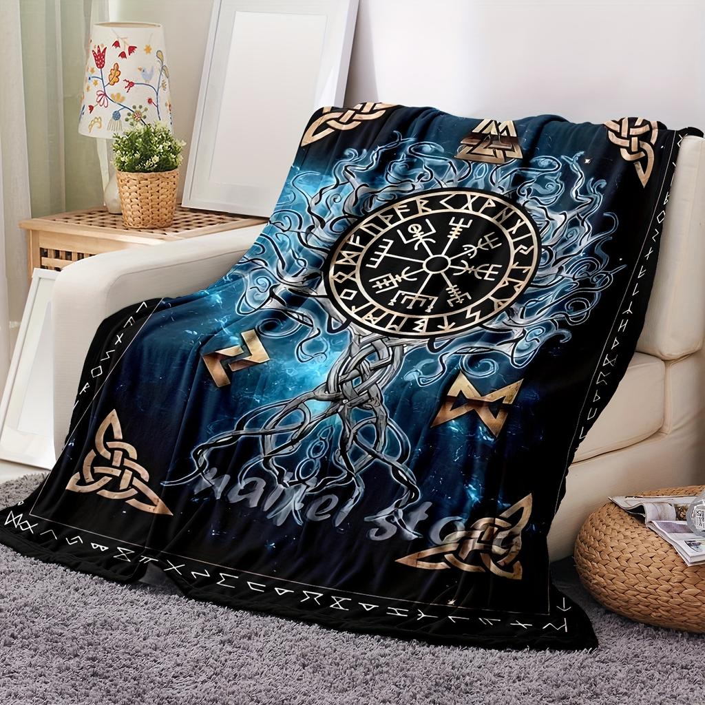 VIKAMA Nordic Rune Nautical Blanket Viking Compass Celtic Knot Mystic Totem Living Room Bedroom Nautical Theme Blanket