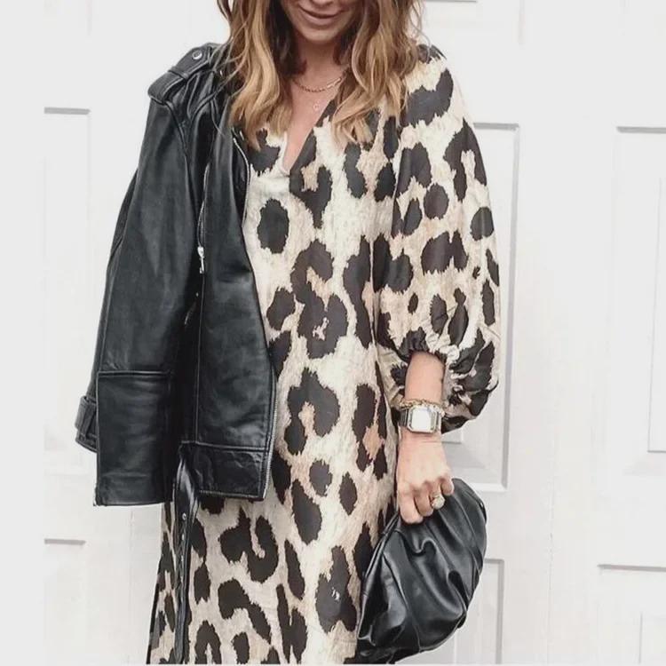 Autumn/Winter Leopard Print V-Neck Lantern Sleeve Maxi Dress