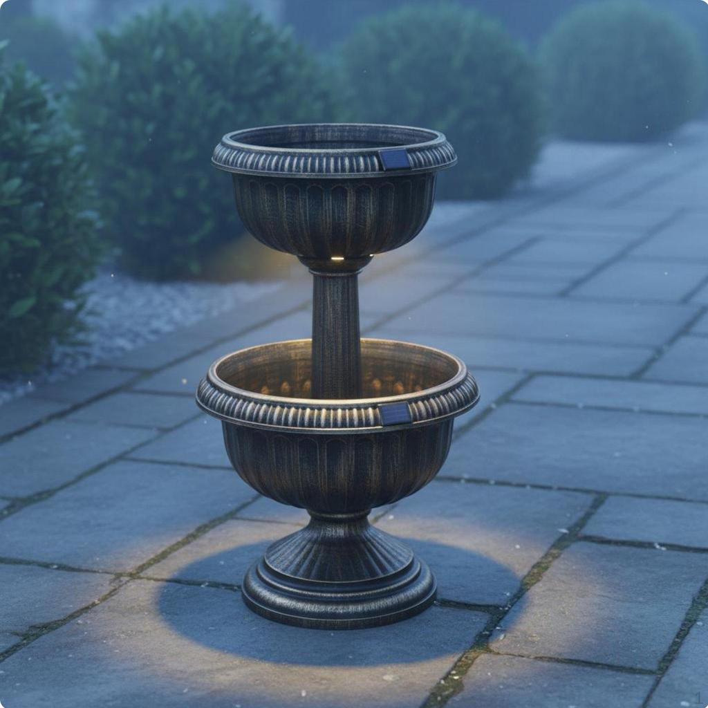 Solar Lighted Planter Rustic Attraction Antique Bronze WeatherResistant