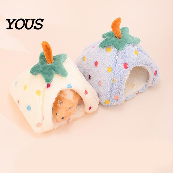 Enclosed Pet Cave Plush Strawberry Hamster Bed, Soft Winter Warm Hideout, Cute Cozy Hiding Spot for Rodents Bed Gerbil, Sugar Glider,