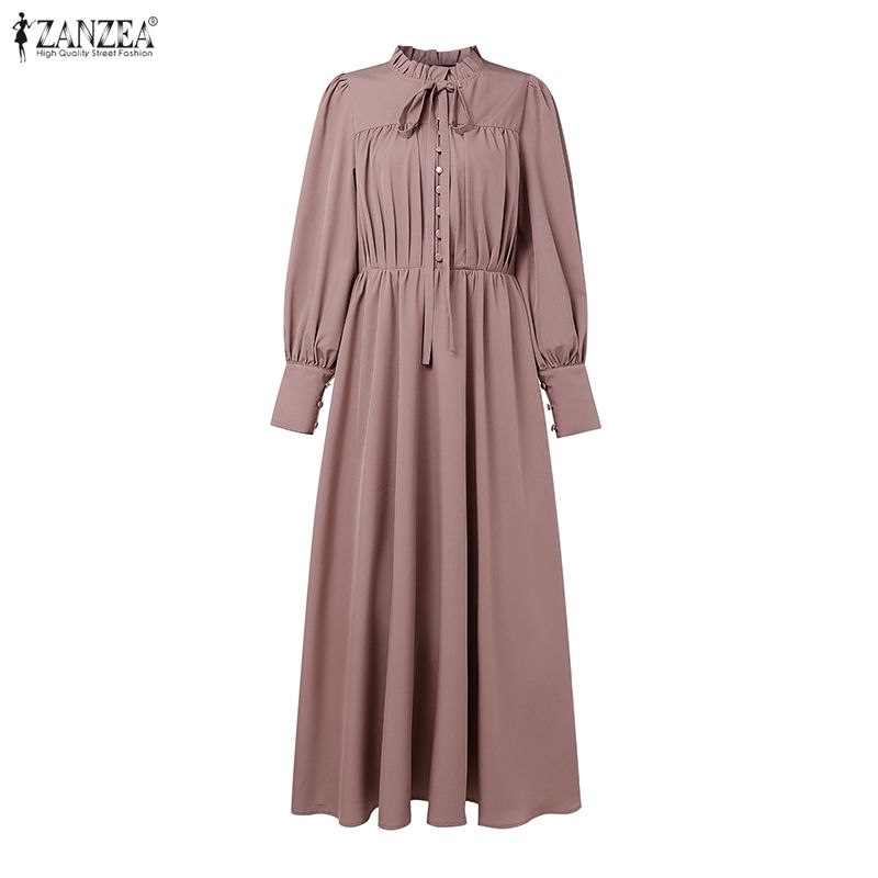 ZANZEA Women Casual Round Neck Long Sleeve Loose Long Dress