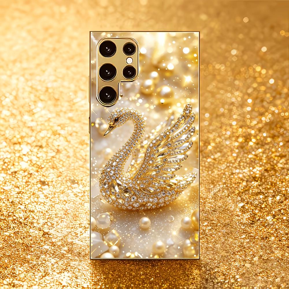 Modern Luxury Golden Swan phone case glass s26 ultra case s25 ultra case for Samsung Galaxy S26 S25 S24 S23 S22 FE Ultra Plus