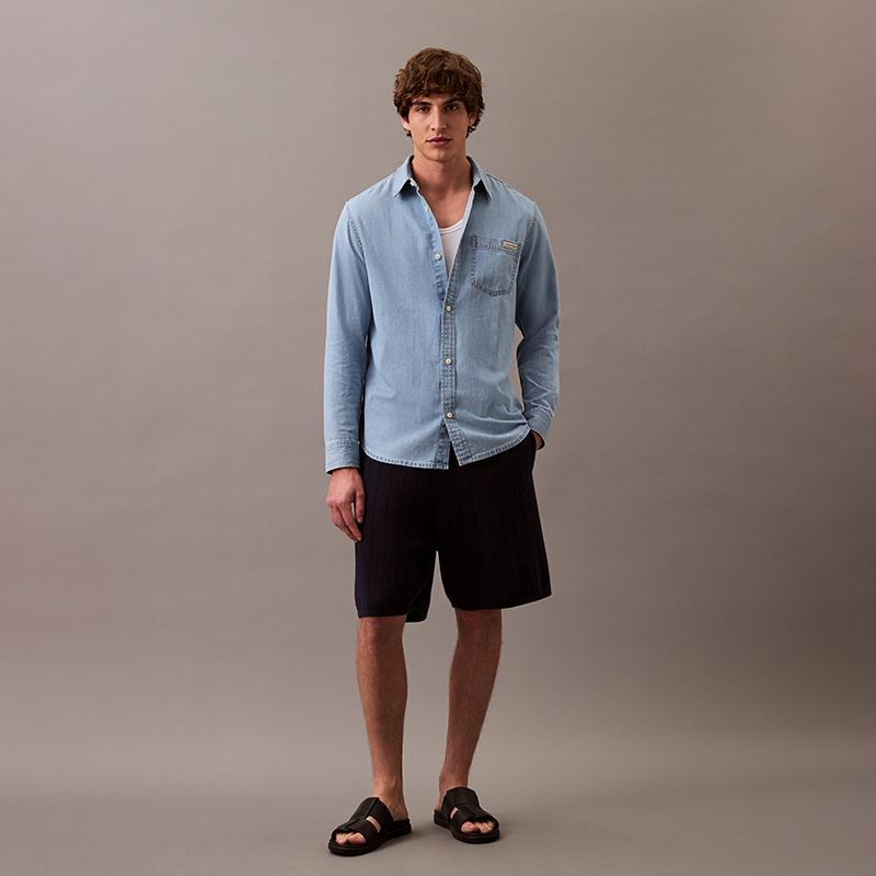 Calvin Klein Comfortable Minimalist Pointed Collar Denim Button-Up Shirt Men Shirts Blue 40BM796-450