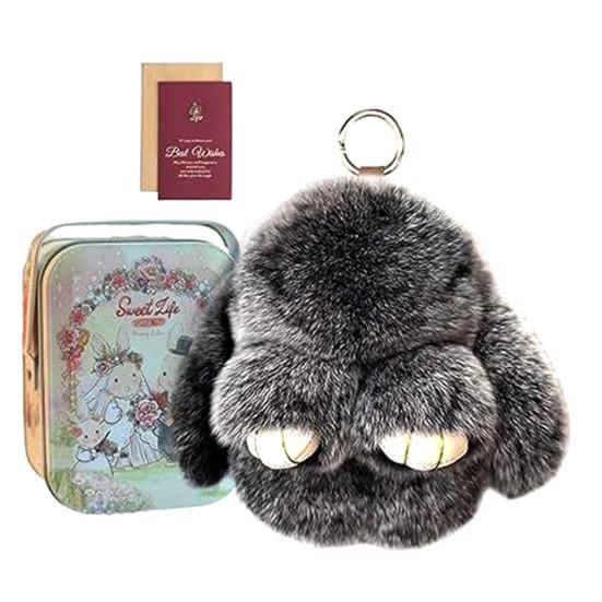 Handmade Soft Plush Bunny Keychain with Tin Box Fluffy Cute Bunny Pom Pom Charm Stuffed Animal Keyring for Easter Birthday Gift