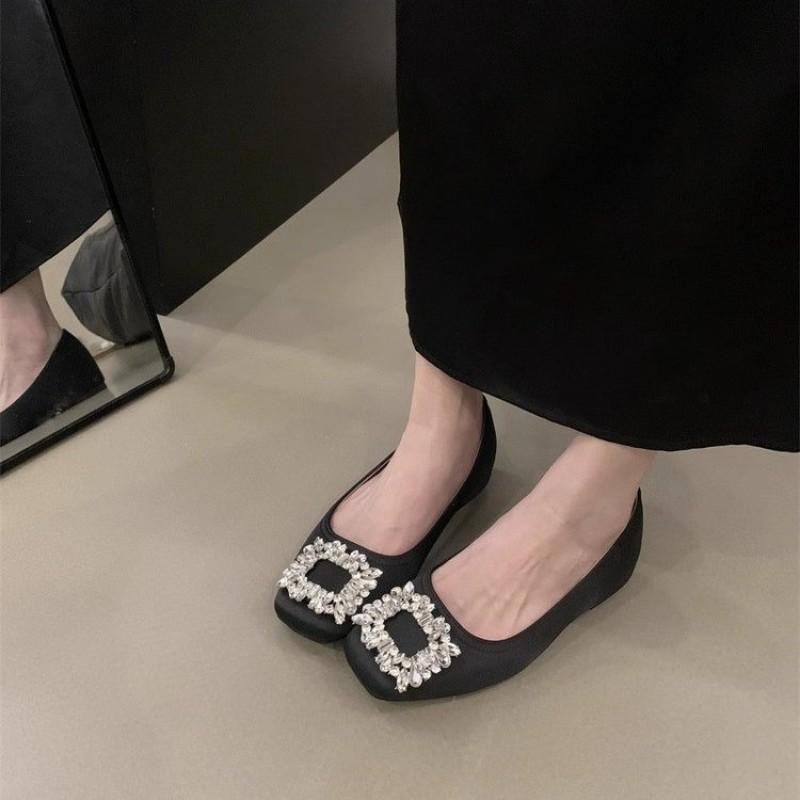 Sheepskin Version! Flat-bottomed Rhinestone Shallow Mouth Single Shoes Women's High-end Commuting Satin Gentle Evening Shoes