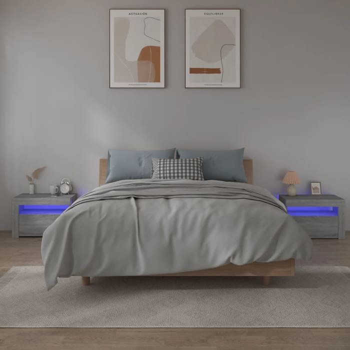 VidaXL 2x Tables de Chevet avec LED Tables de Nuit Armoires de Chevet Armoires de Lit Meubles de Chambre Maison Sonoma Gris 3144973