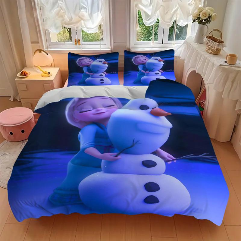 3pcs Elsa & Olaf Snowman Quilt Set - Soft and Comfortable Bedroom, Guest Room and Dorm Decor Bedding Set 1 Quilt Cover + 2 Pillowcases.S041