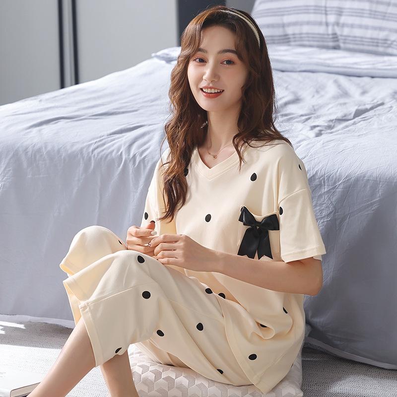Sommerpyjamas aus Baumwolle, Heimkleidung für Damen, Rundhalspullover, lässig, bequem, Neun-Hosen-Pyjama-Set
