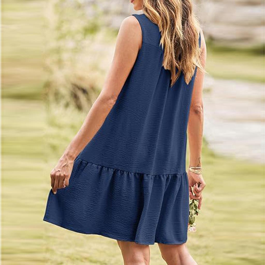 Women's Fashion Casual Sleeveless V-Neck Button Color Dresses