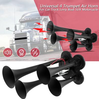 150db universal 12v 24v buzina de ar preto 4 trompetes trem buzina de ar alto som para tronco do carro