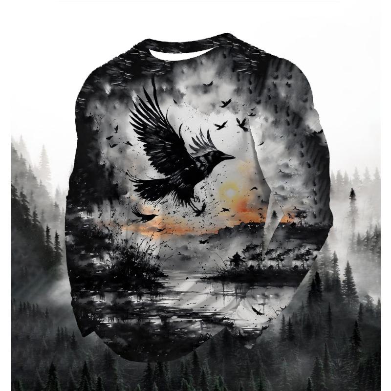 Herremote Trykket Rund Hals Langermet Fest Høst Sport Fritid Pullover Menn 3D Flygende Ørn Trykket Løs Sportstopp