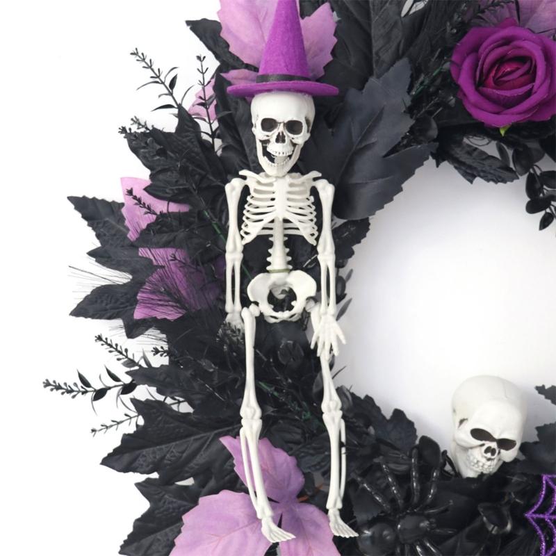 Halloween Front Door Wreath, Artificial Floral Wreath with Black Purpler Leaves Hanging Decoration for Front Door Entryway Wall