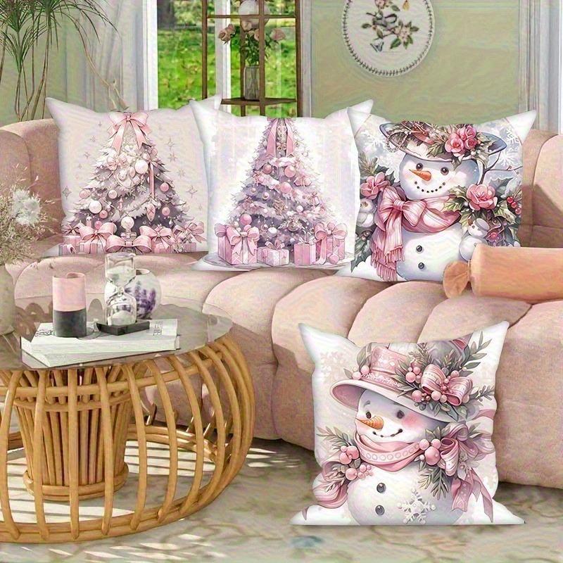 Pink Christmas Pillowcases: Snowman & Tree Designs for Festive Home Decor Sofas, Bedroom Pillow Covers, Holiday Gifts