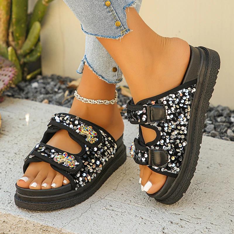 Fashion Fashion Colorful Sequins Decor Slippers Women Platform Hook and Loop Slippers for Ladies Lightweight Soft Bottom Sandals Mujer