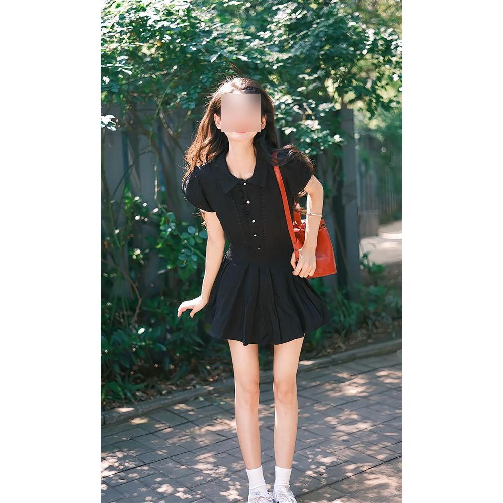 Polo collar black Hepburn style short-sleeved shirt dress women's summer college style waist pinch thin pleated A-word short skirt
