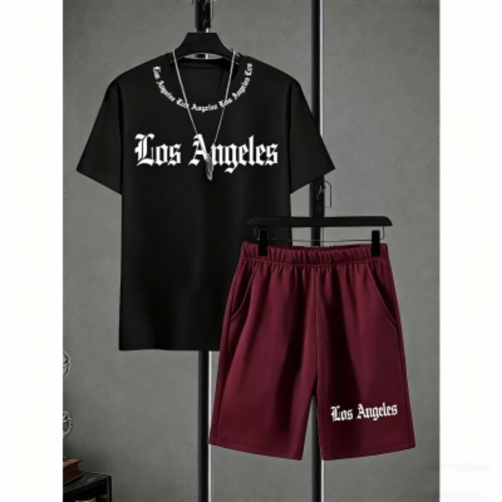 Men's Set Letter Printed Men's T-shirt and Shorts 2 Piece Set Summer Casual Outdoor Men's and Women's Outfit Clothing