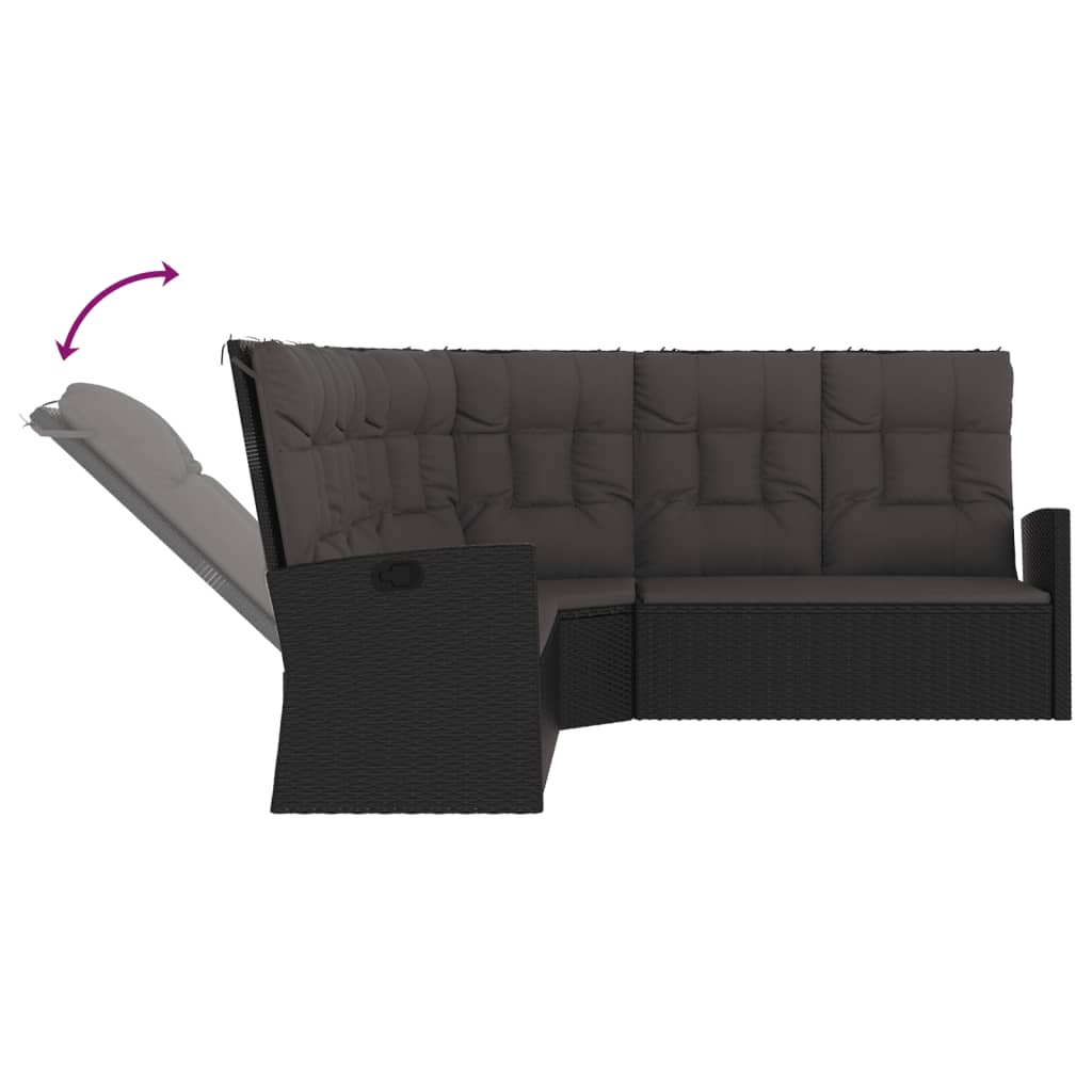 Corner Sofa with Reclining Function and Cushions Black Poly Rattan
