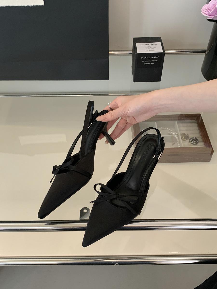 

Одно слово с розовой передней сумкой и пустой задней частью Босоножки-стилет Женские с бантом Высокие каблуки Темпераментная светская львица Остроносые Одинарные туфли 39 чёрный