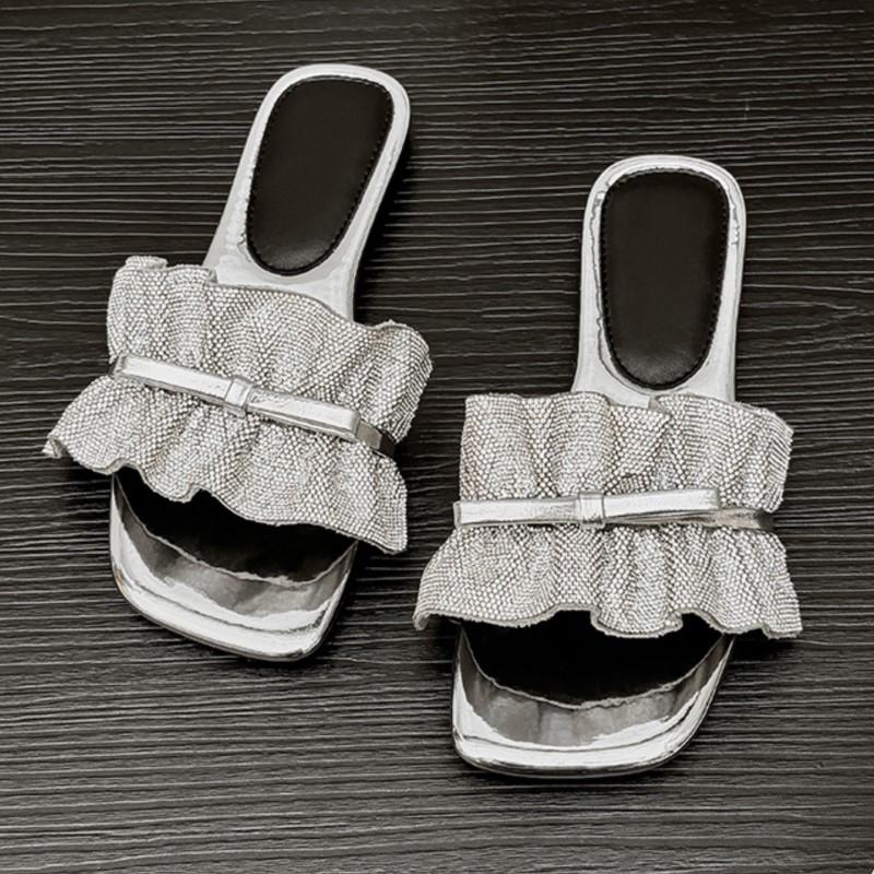 Fashion 2025 Summer New Square Toe Solid Color Plus Size One Strap Bowknot Flat High-End Sandals for Women Anti-Slip Outdoor Slides