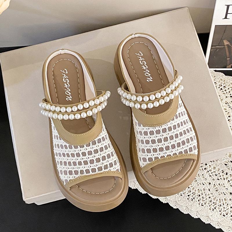 

French Mary Jane bag head half slippers women s outer wear 2025 spring and summer new thick-soled one-pedal pearl cool slippers 40 хаки