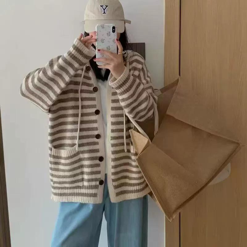 

Autumn and winter new large version striped casual hooded knitted cardigan women s loose lazy sweater jacket One Size