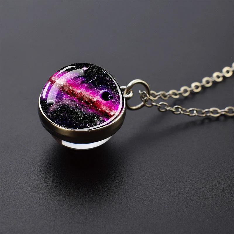Galaxy Necklace: Solar System Planets & Moon Spherical Crystal Pendant