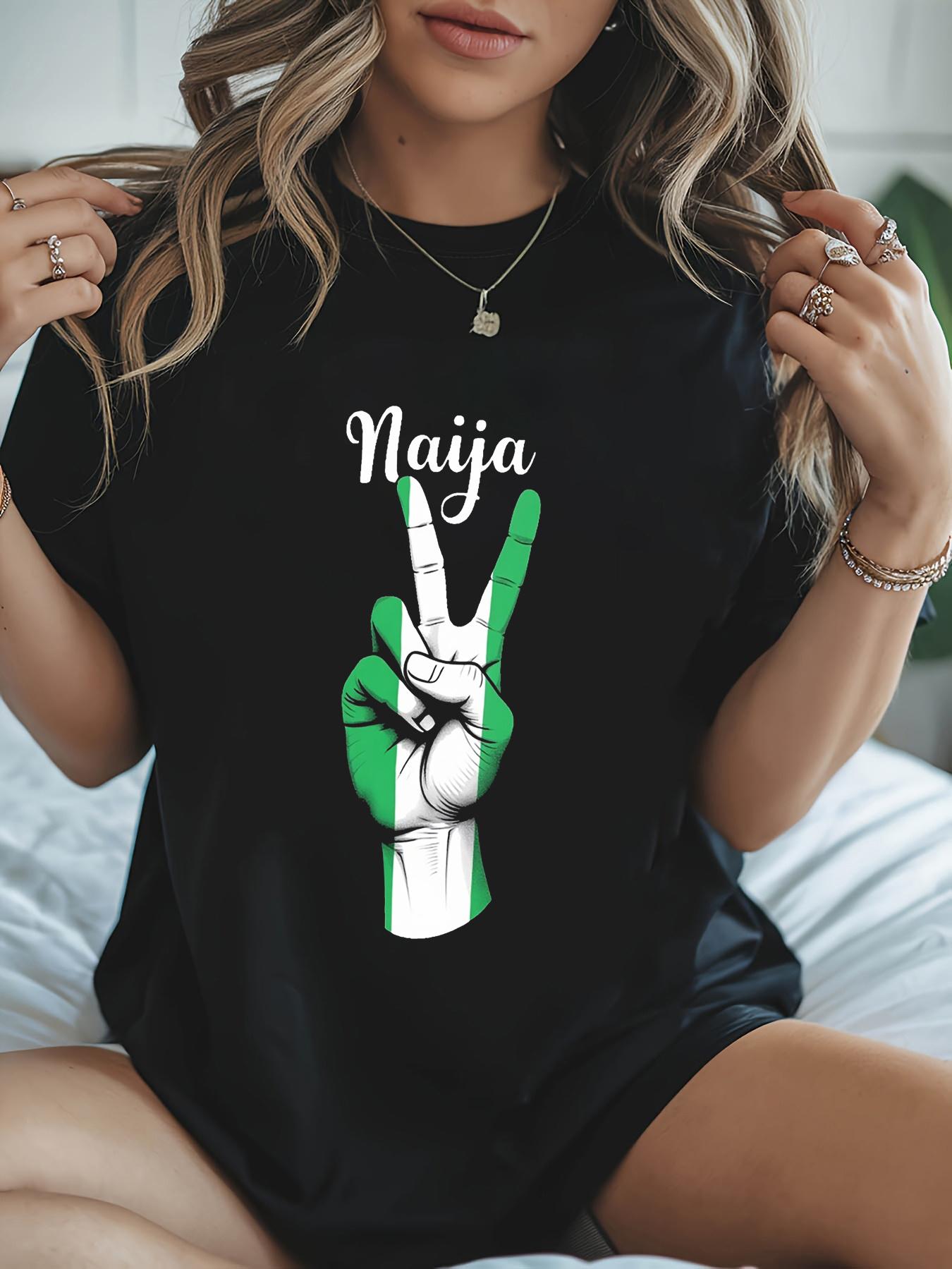 

Naija Graphic Print T-shirt, Short Sleeve Crew Neck Casual Top for Summer & Spring, Women s Clothing S чёрный
