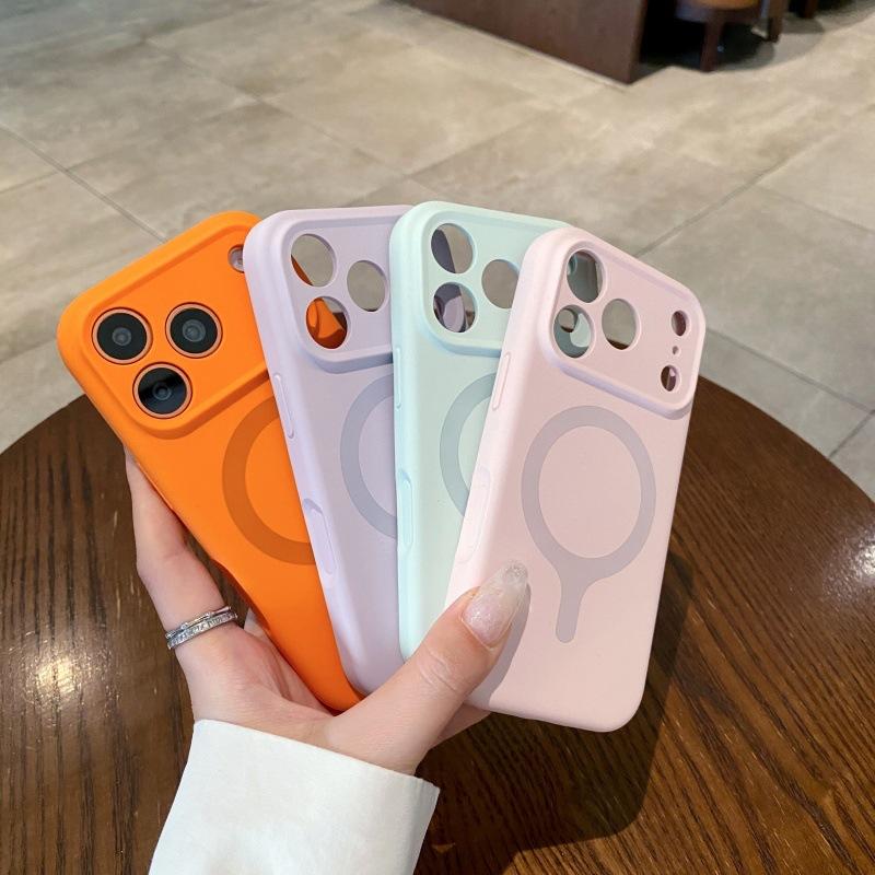 Applicable to iPhone17ProMax liquid silicone contrasting color one-piece magnetic mobile phone case Apple 16 solid color sense