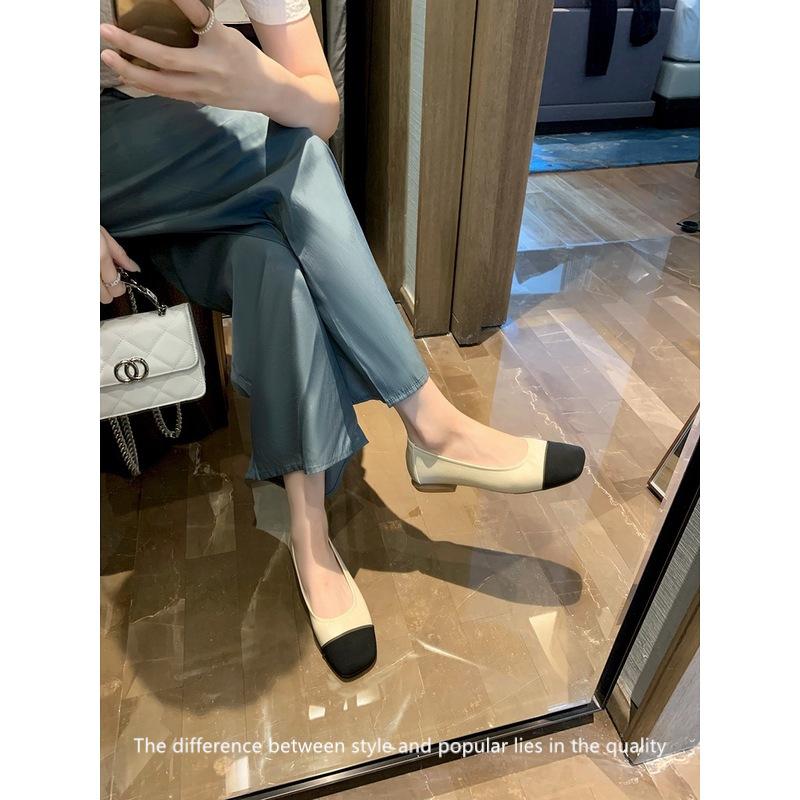 Xiaoxiangfeng single shoes women's 2025 summer new leather light mouth square head flat shoes color matching commuting versatile soft sole