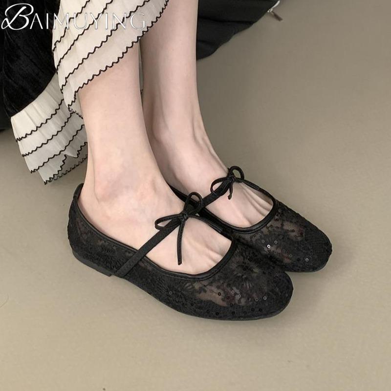 Bow Mesh Lace Flats Ballet Shoes Women Sandals Marie Janes Shoes Square Toe Summer 2025 New Trend Dress Designer Sandalias Mujer